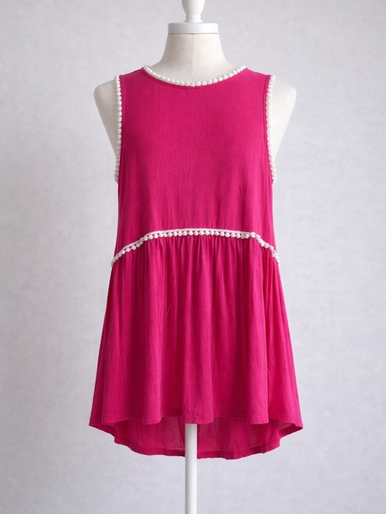 Vanilla Bay Tops - Vanilla Bay Bright Fuchsia Tank with White Pom Trim
